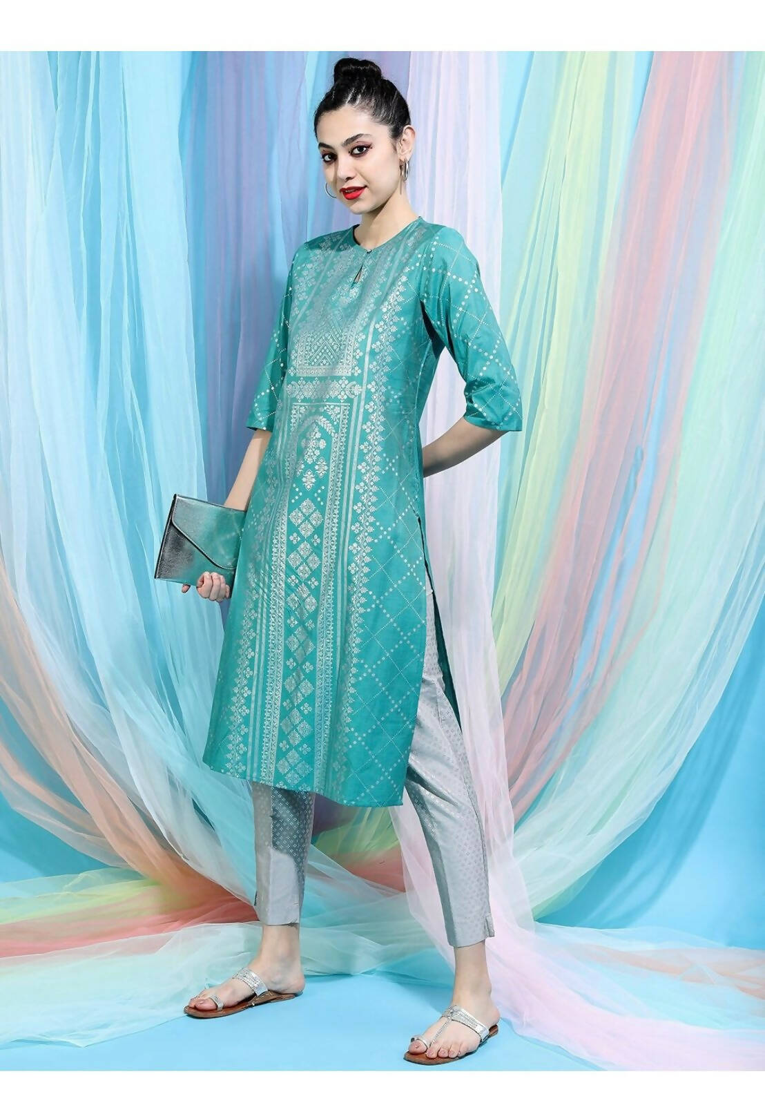 Cheera Embellished Daily Wear Cotton Blend Kurta - Turquoise Green - Cheera