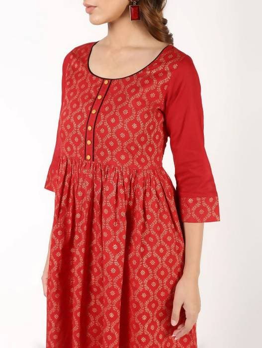 Aniyah Cotton Block Print Flared Kurta In Red (AN-151K) - Swadesiicart