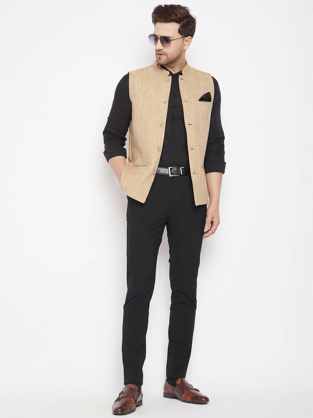 Even Apparels Beige Linen Men Woven Nehru Jacket LN719 | Swadesiicart