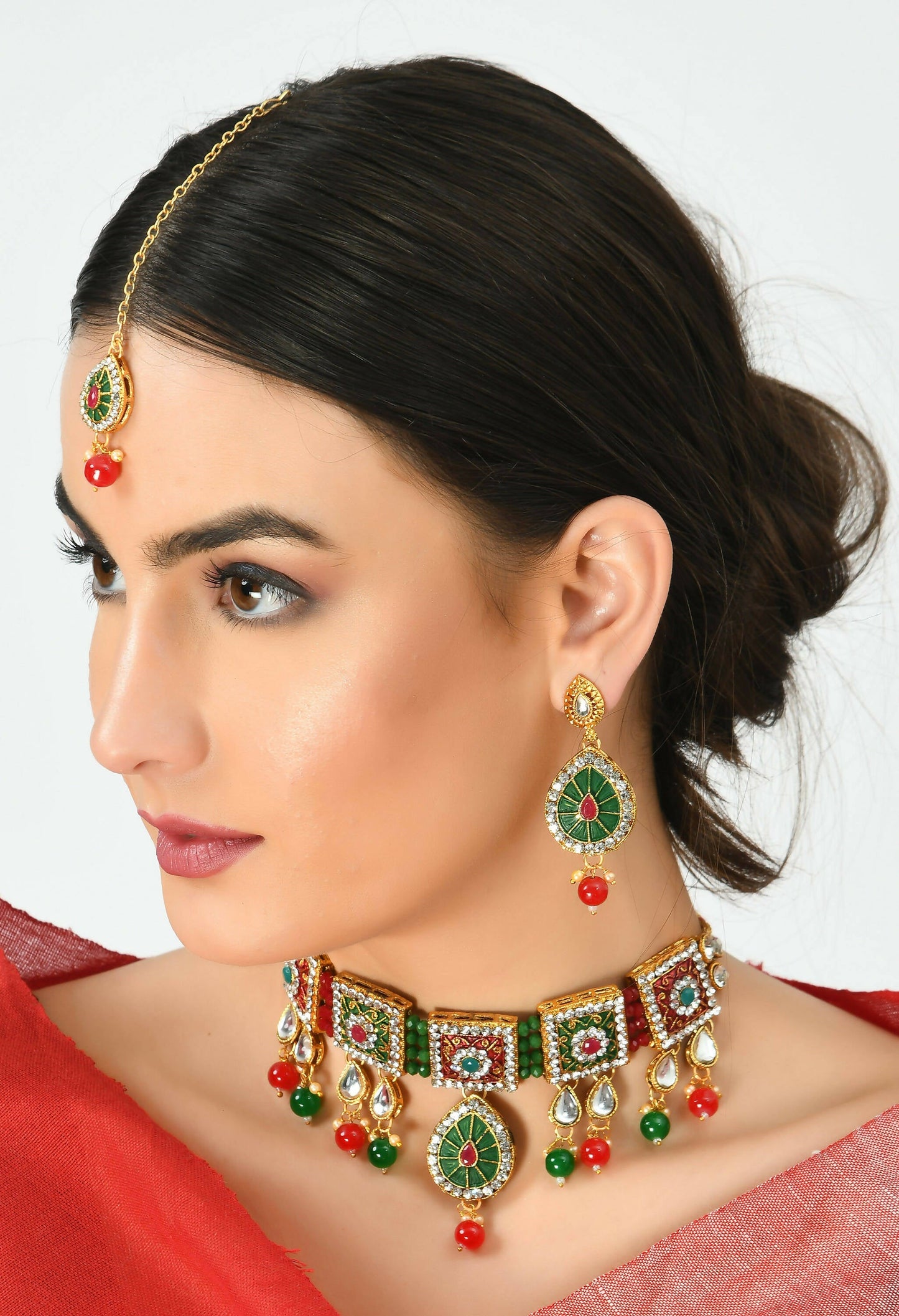 Mominos Fashion Johar Kamal Gold-Polished Brass Finish Meena & Pearls Work Choker For Women | Swadesiicart
