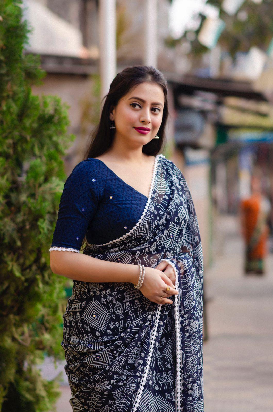 Blue Poly Georgette Ethnic Motifs Saree with Unstitched Blouse - Hiral Fashion | Swadesiicart