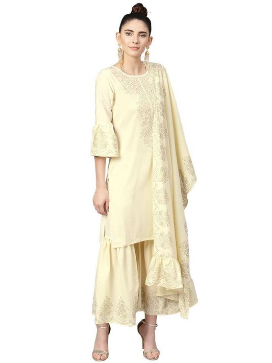 Ahalyaa Cream Crepe Glitter Print Kurta Sharara Set With Dupatta | Swadesiicart