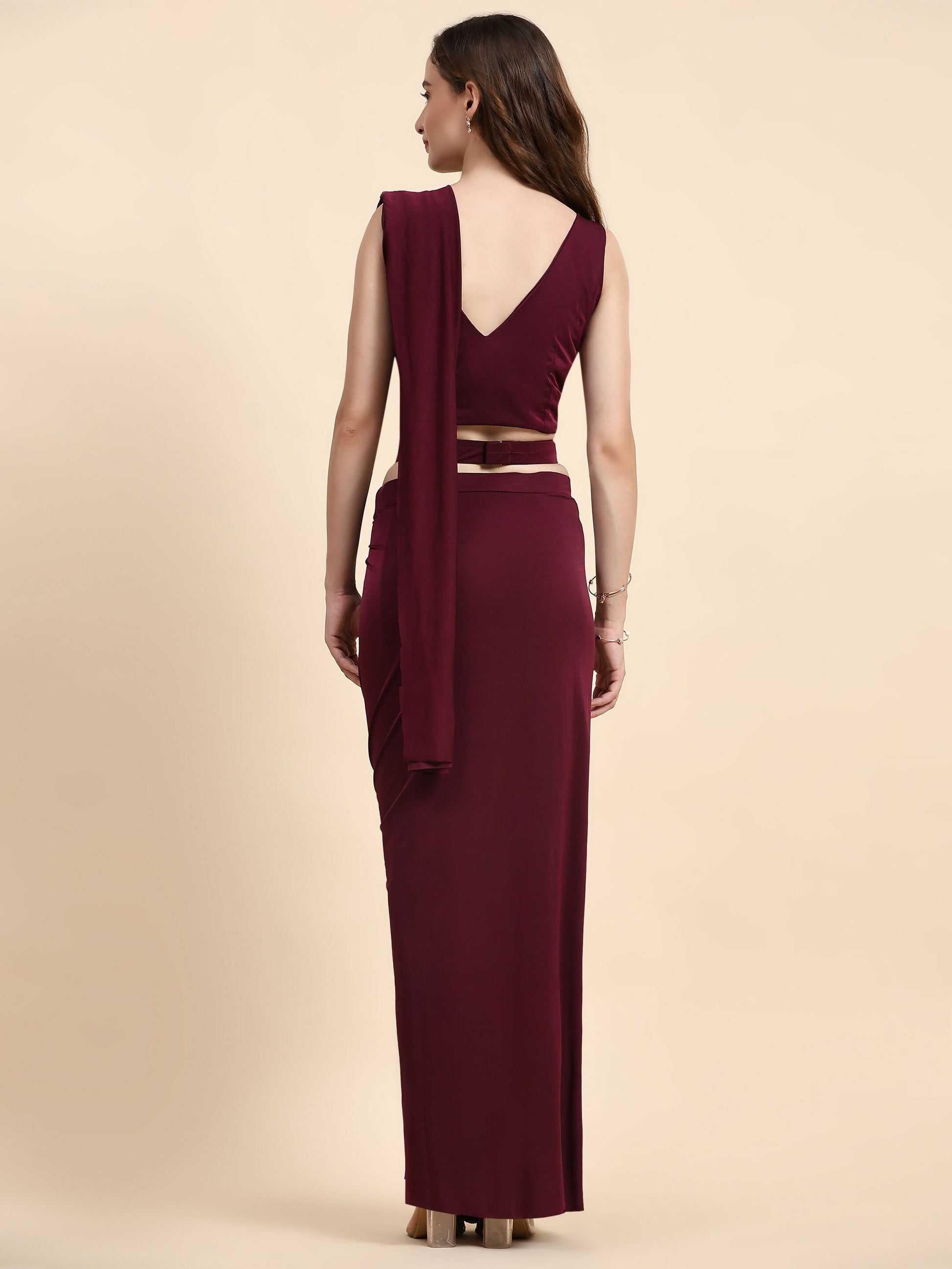 Maroon Polyester Solid Ready to Wear Saree with stitched Blouse - Nita | Swadesiicart