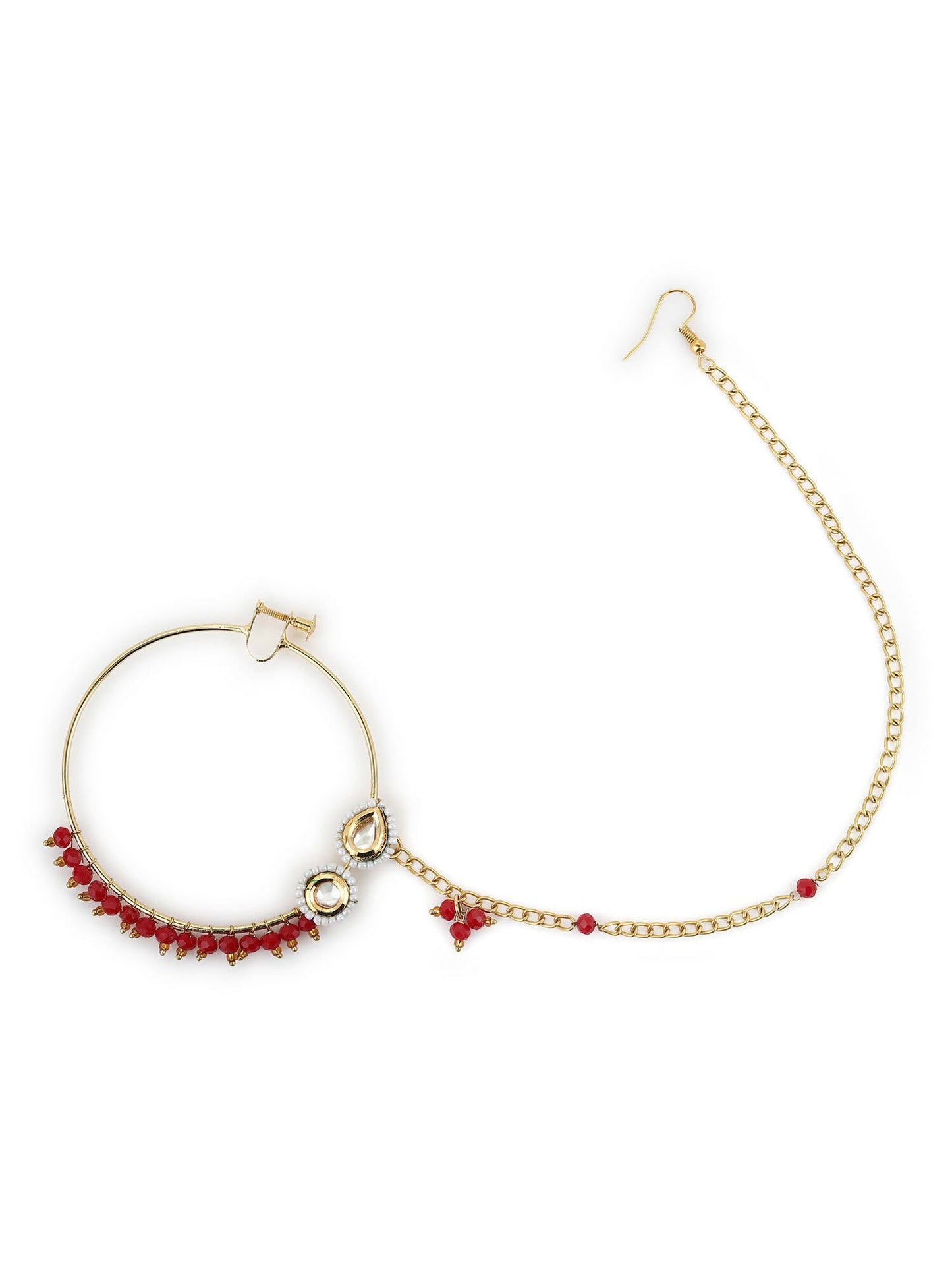 Gold-Polished White Red Kundan-Studded Pearl Beaded Nosepin - Ruby Raang | Swadesiicart