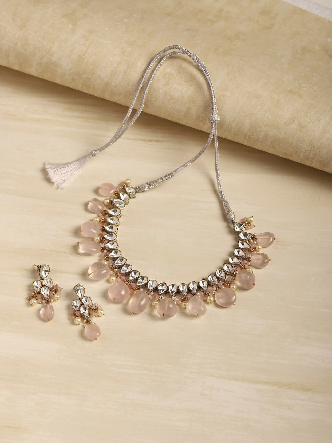 Blush Pink Kundan Choker with Earrings- Ruby Raang | Swadesiicart