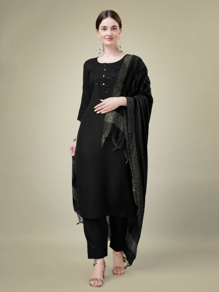 Jyoti Fashion Women's Black Cotton Blend Embroidery & Sequence work Kurta with Trouser & Dupatta | Swadesiicart
