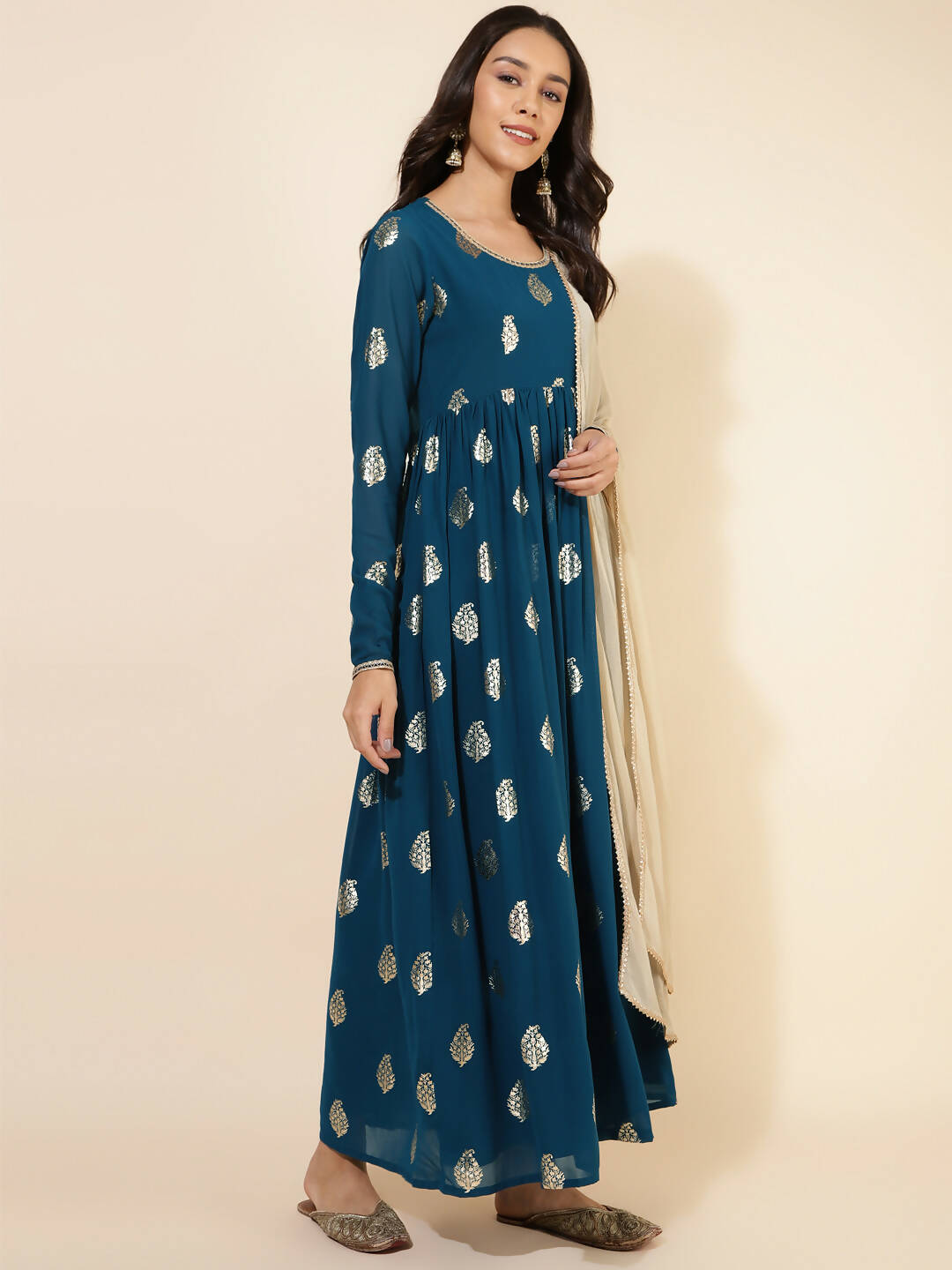 Janasya Women's Teal Blue Georgette Foil Printed Festive Flared Kurta Set | Swadesiicart