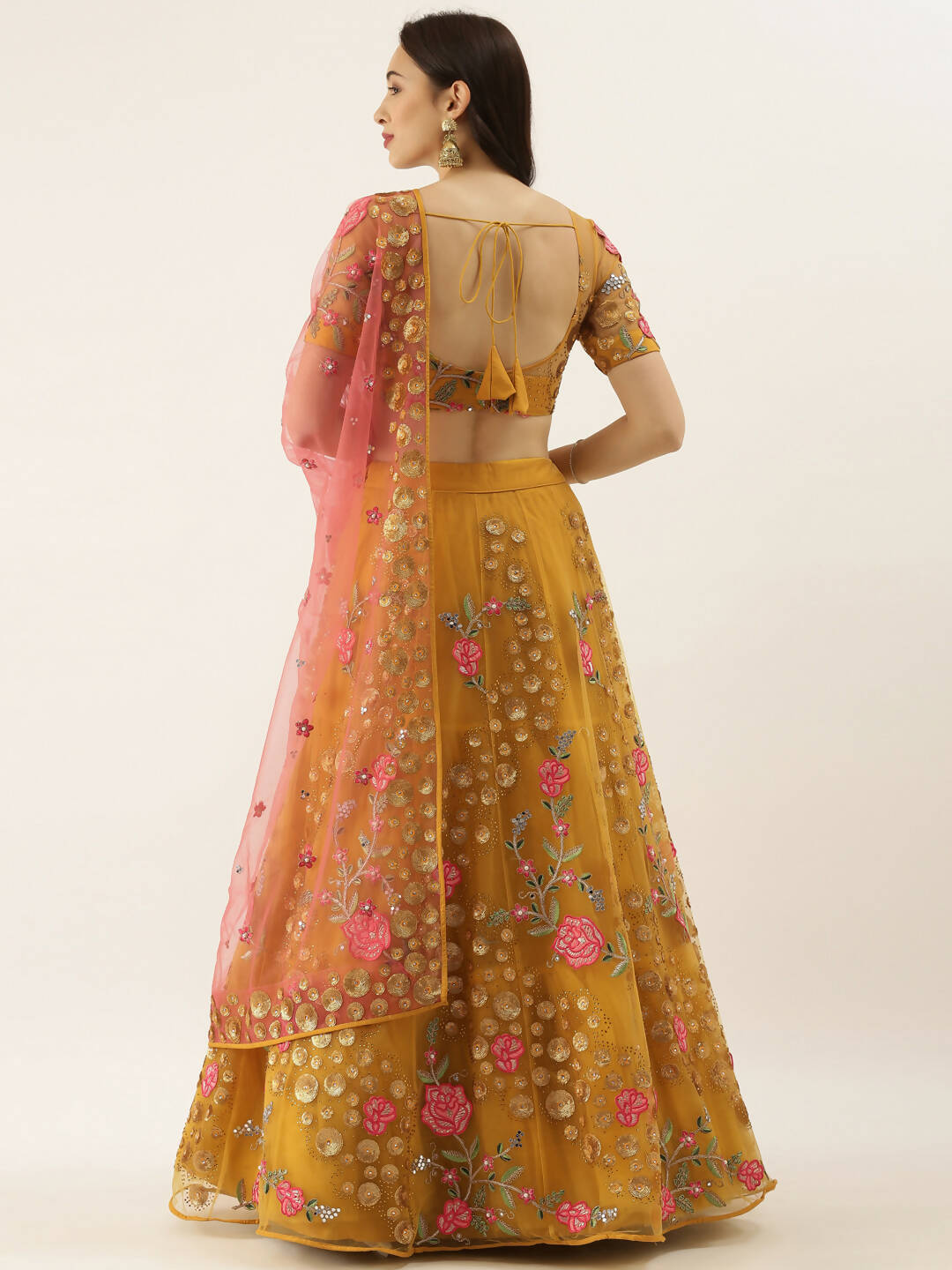 House of Panchhi Mustard Net Semi stitched Coding, Sequins & Saroski Stone Work Lehenga Choli | Swadesiicart