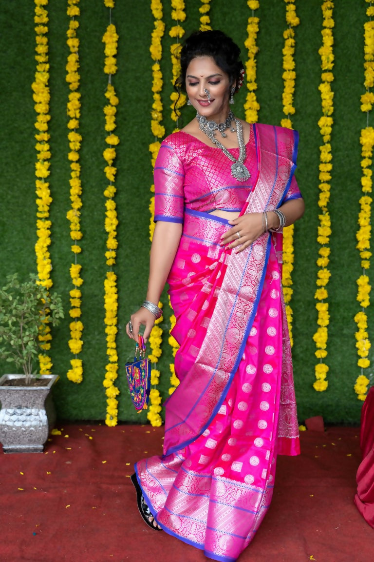 Jyoti Fashion Women's Pink Soft Handloom Silk Zari Woven Saree with Blouse | Swadesiicart