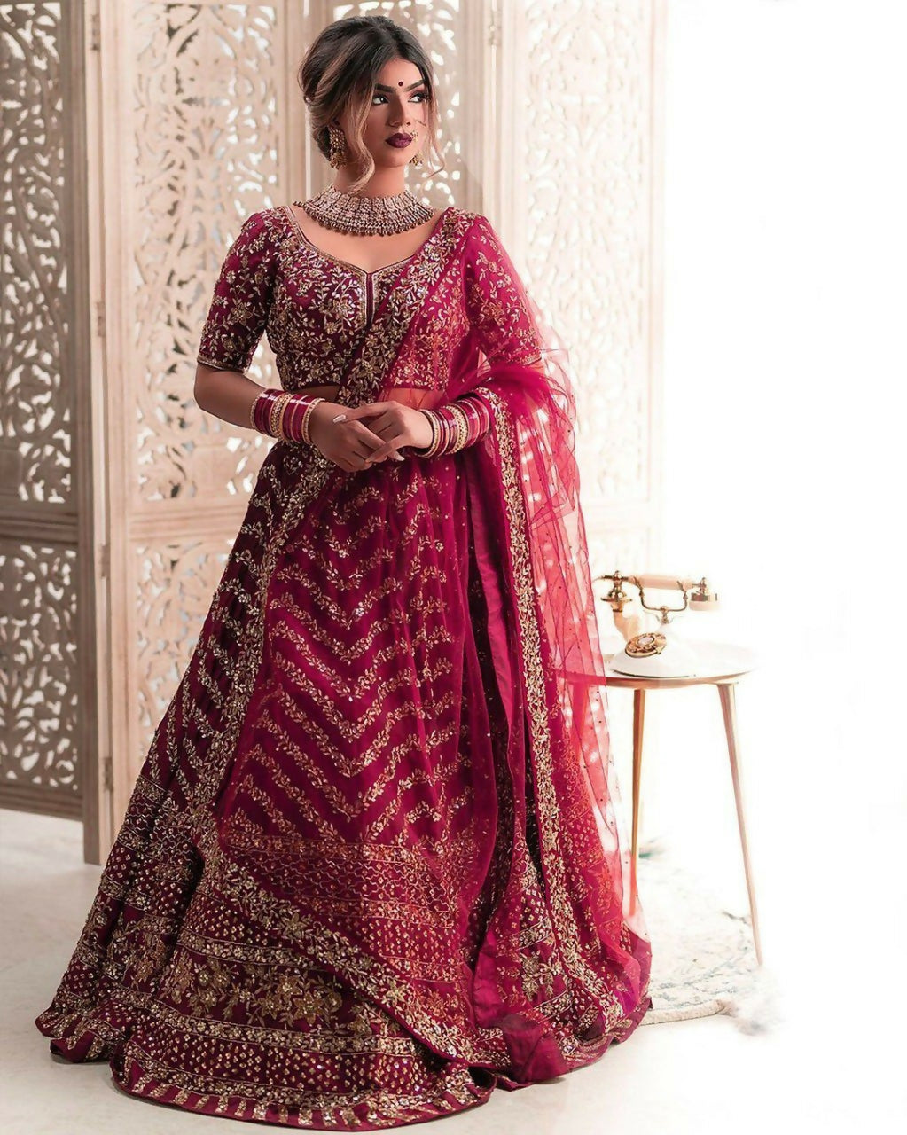 Jyoti Fashion Mesmerizing Red Silk Sequins with Zari Thread & Coding Dori Embroidery work Lehenga Choli with Dupatta | Swadesiicart