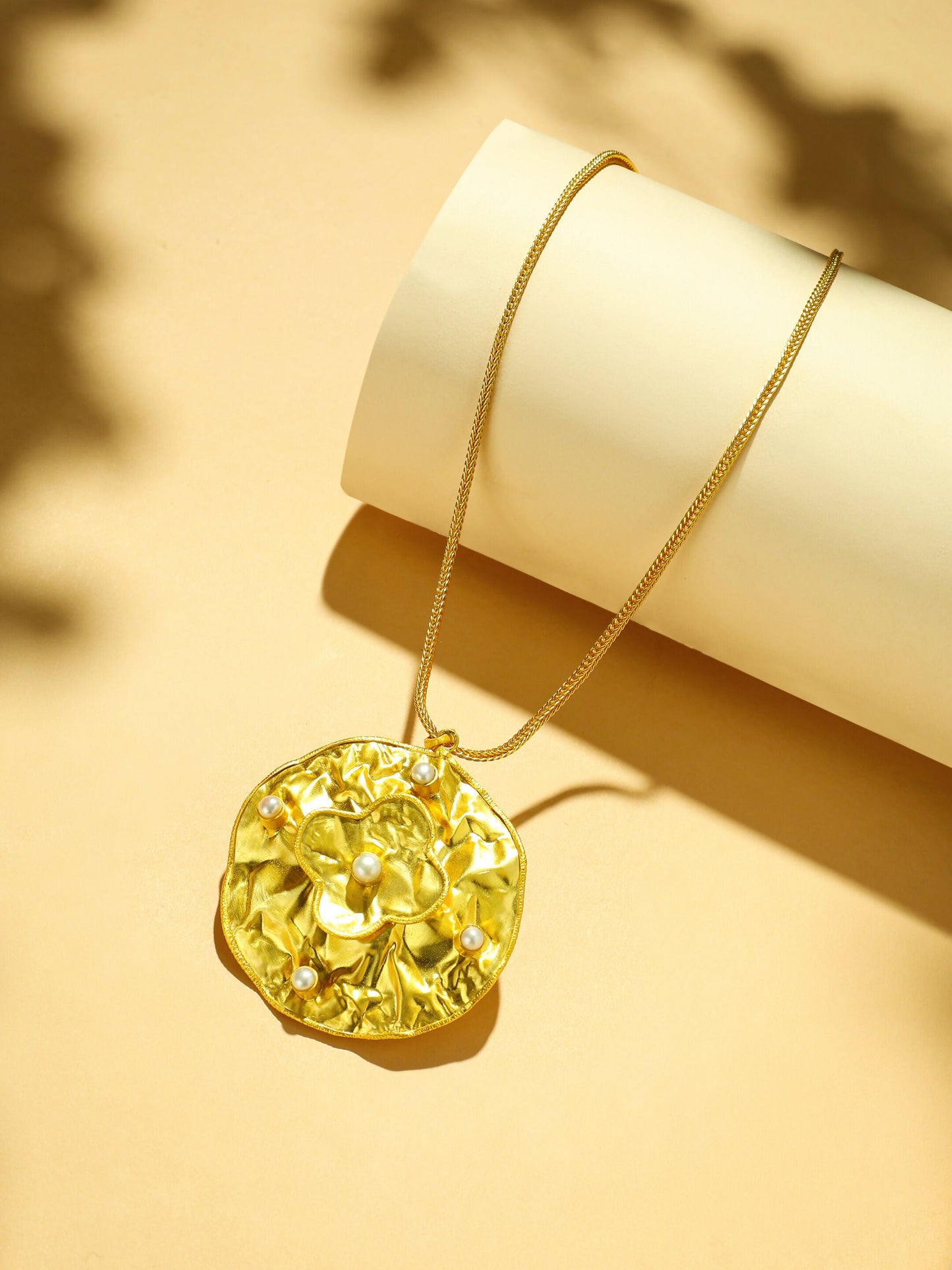 Nuyug 18K Gold-Plated Pearl Embellished Minimal Chain Textured Surface Floral Pendant Necklace | Swadesiicart