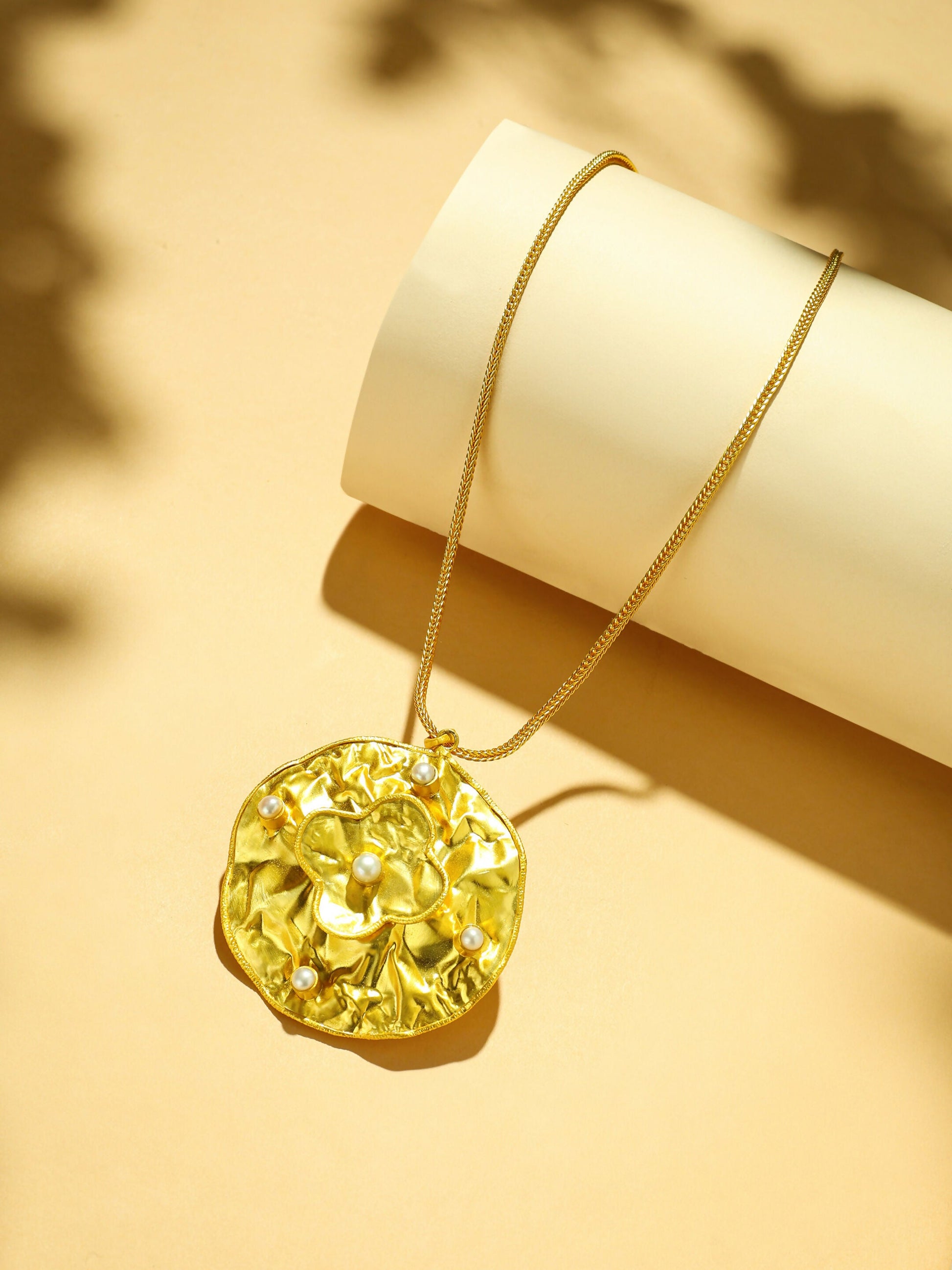 Nuyug 18K Gold-Plated Pearl Embellished Minimal Chain Textured Surface Floral Pendant Necklace | Swadesiicart