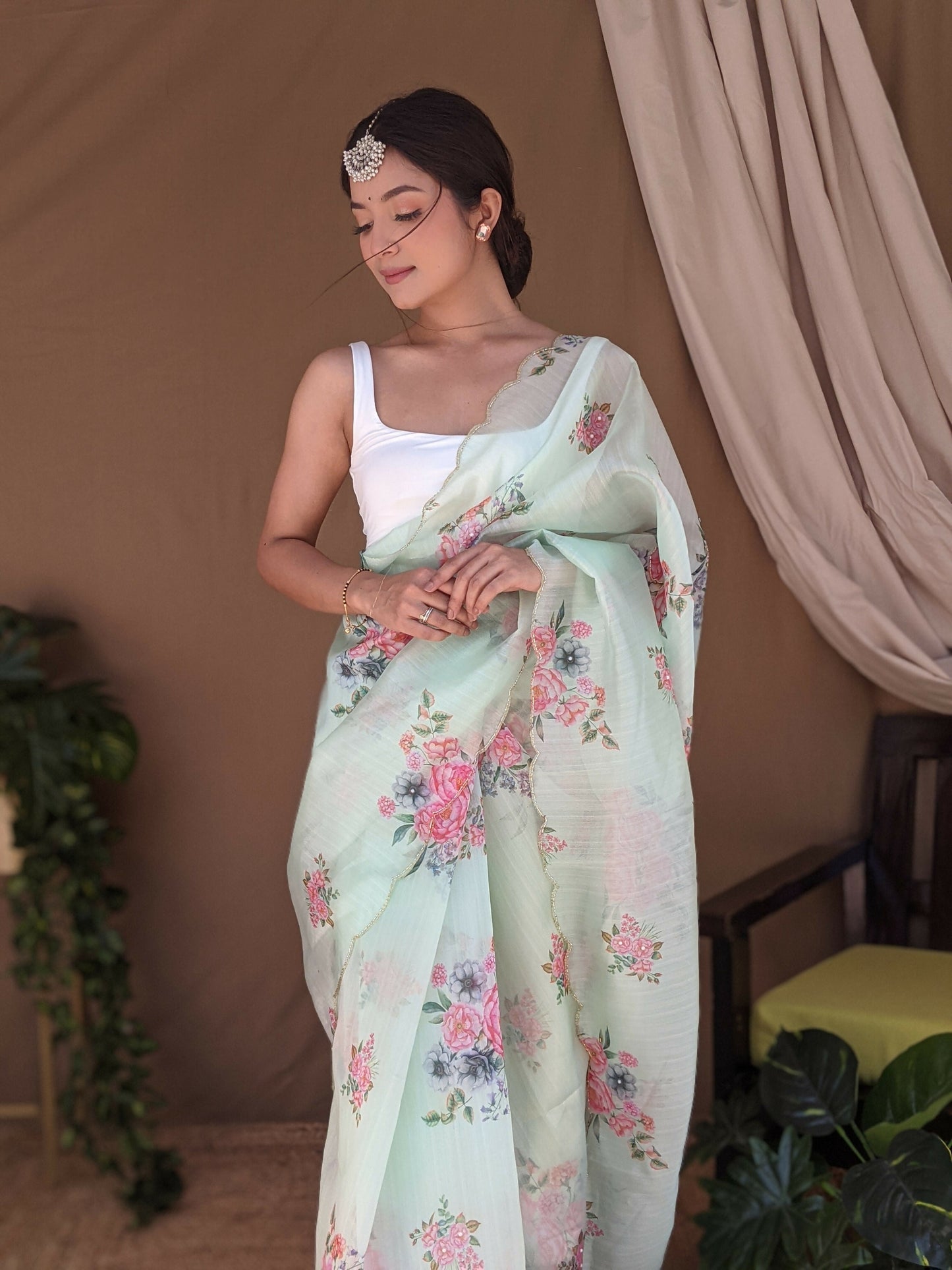 Vamsee Khadi Khatali Green Khadi Organza Saree - Swadesiicart