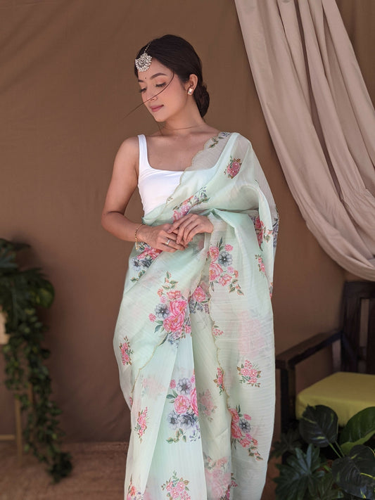 Vamsee Khadi Khatali Green Khadi Organza Saree - Swadesiicart