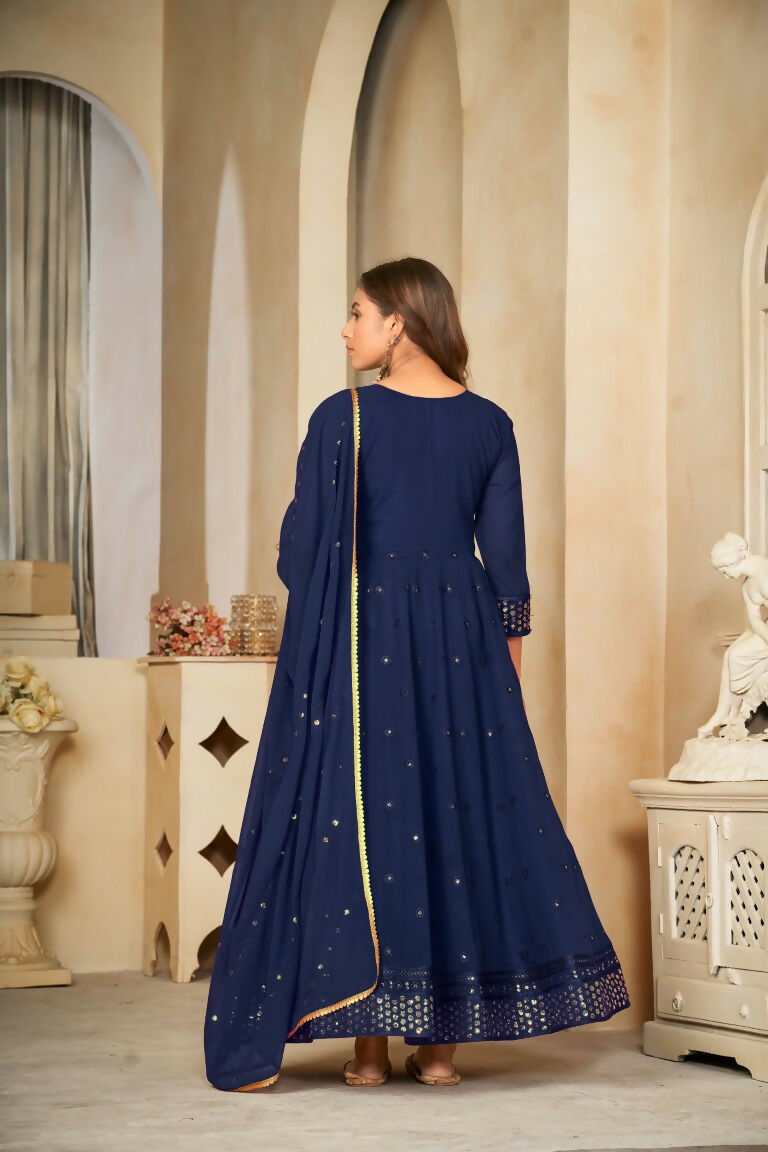 Jyoti Fashion Women's Blue Georgette Embroidered Anarkali Kurta Pant Set With Dupatta | Swadesiicart