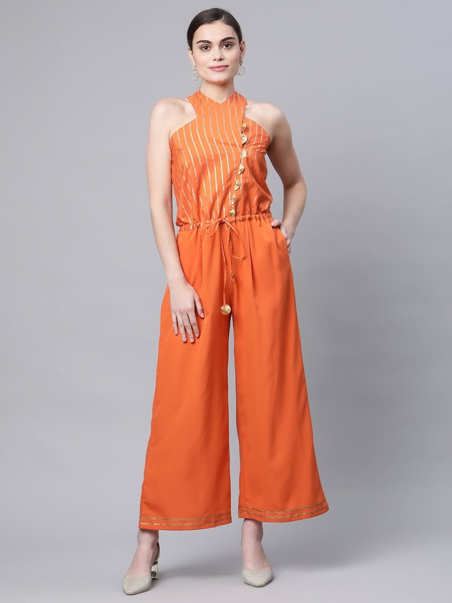 Ahalyaa Womens Orange Crepe Gold Stripped Print Jumpsuit - Swadesiicart