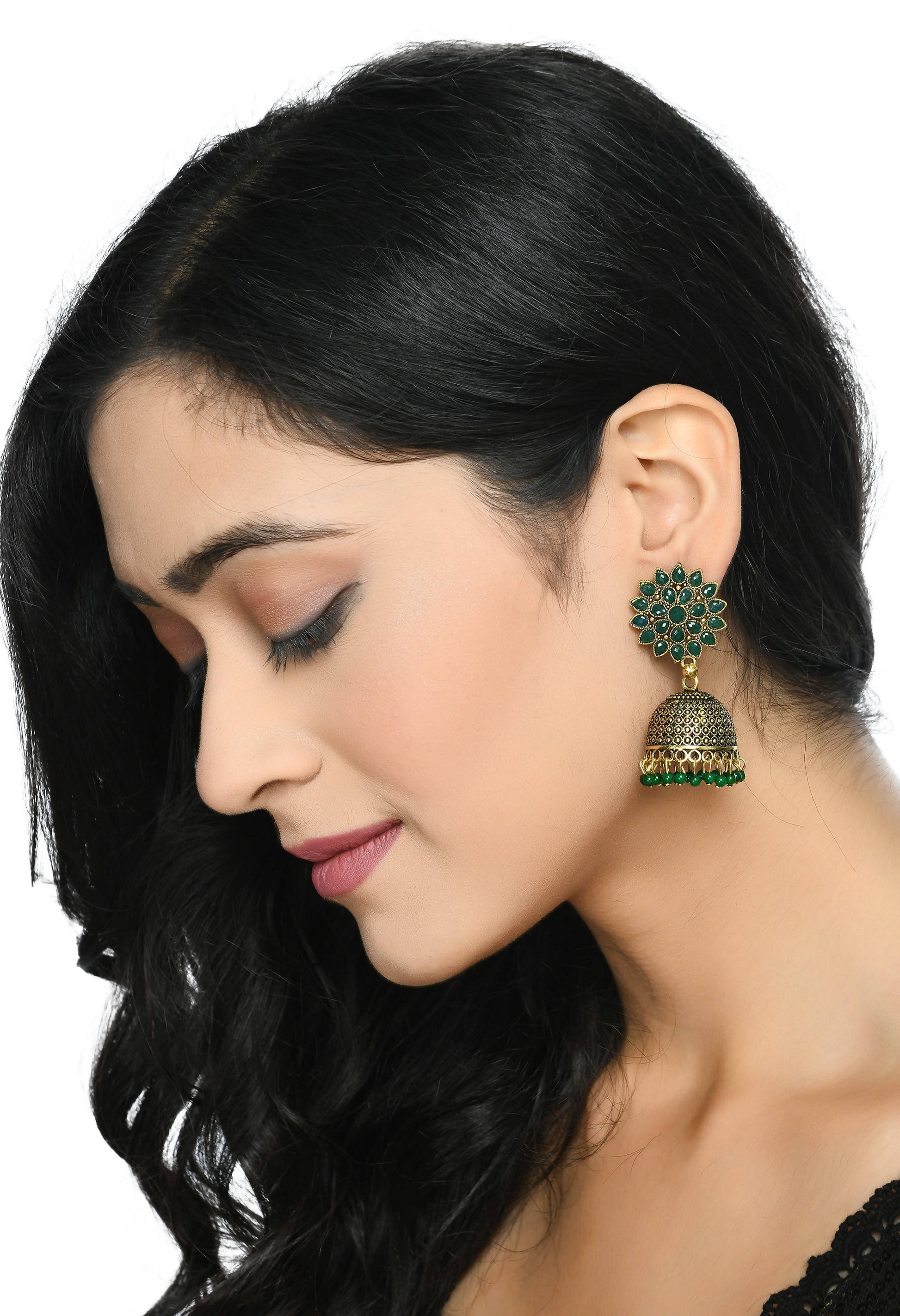 Mominos Fashion Johar Kamal Beautiful Kundan Work Jhumka With Green Beads - Swadesiicart