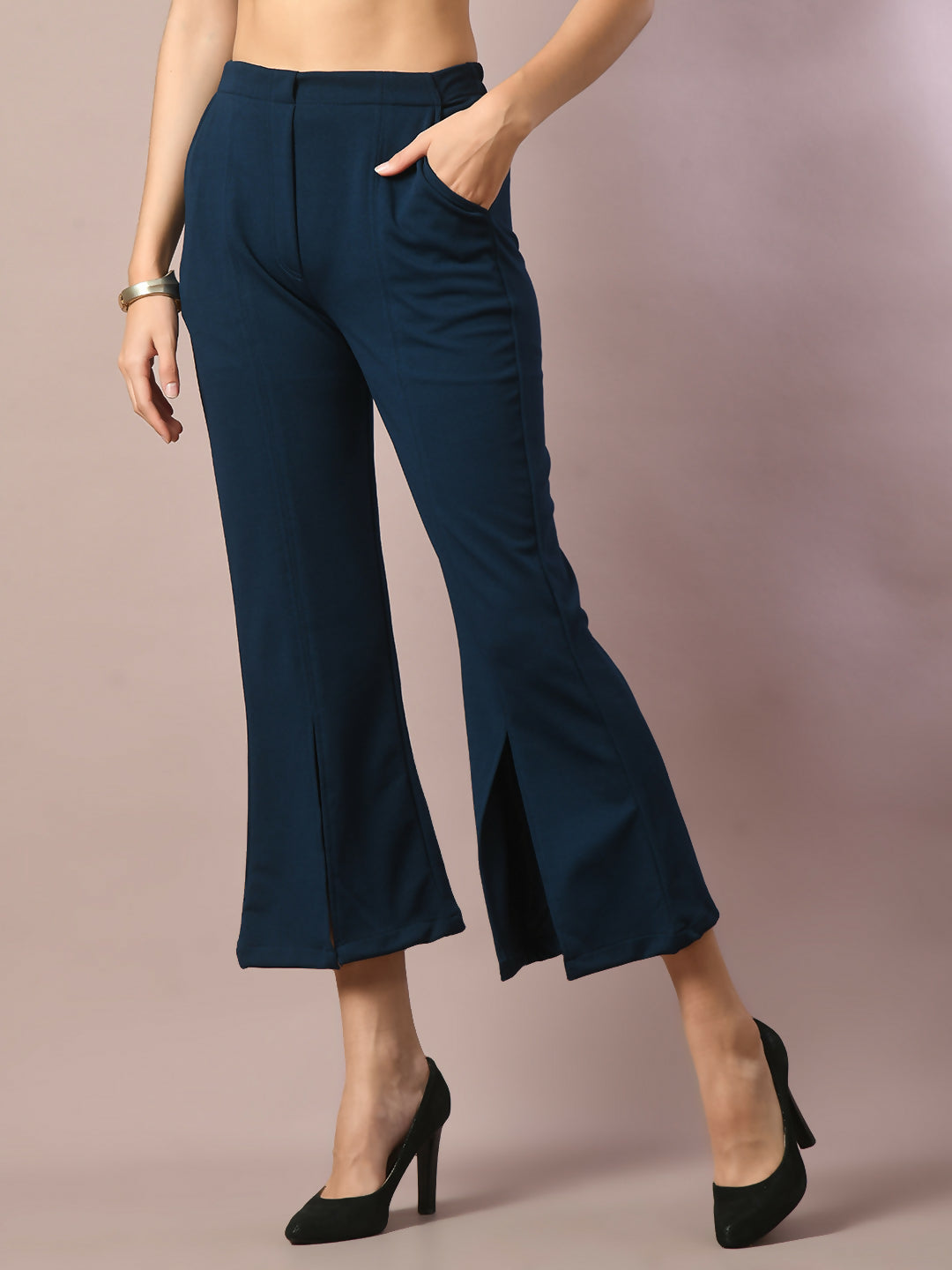 Myshka Women's Blue Solid Boat Neck Party Top With Trousers Co-ord set - Swadesiicart
