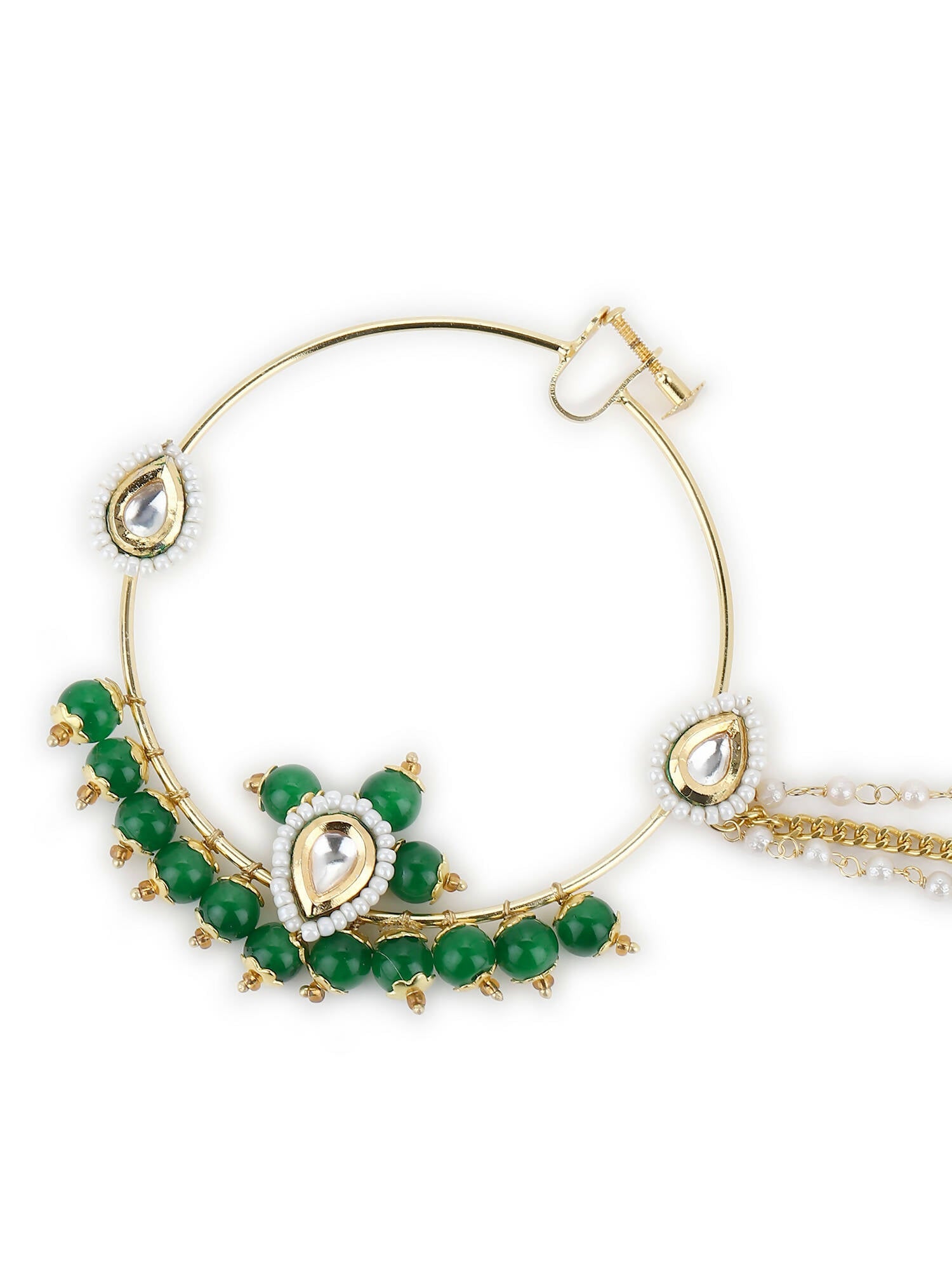 Gold-Polished White Green Kundan-Studded Pearl Beaded Nosepin - Ruby Raang | Swadesiicart