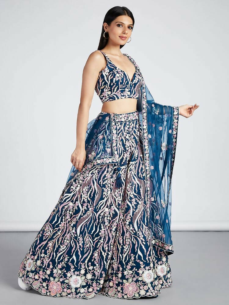 House of Panchhi Navy Blue Net Sequins And Thread Embroidery Lehenga Choli & Dupatta | Swadesiicart