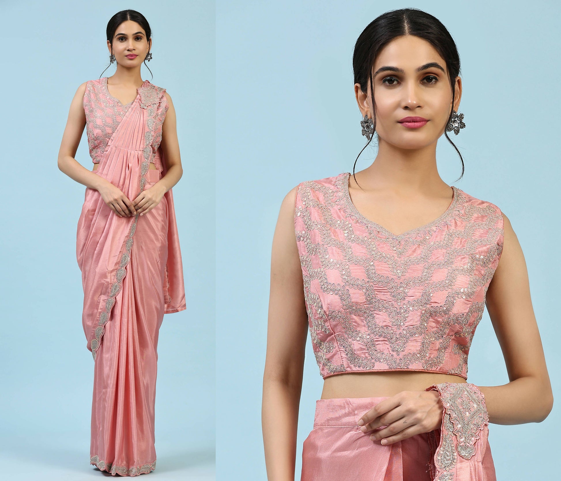 Peach Silk Satin Plain Ready to wear Saree with stitched Blouse - Vrinda | Swadesiicart