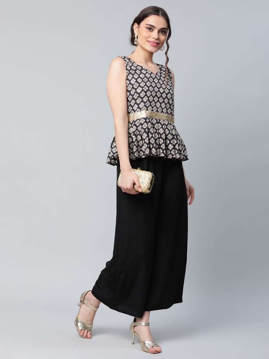 Ahalyaa Women Black Crepe Digital Printed Top with Palazzo Set | Swadesiicart