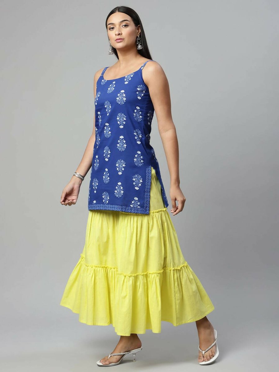 Ahalyaa Womens Royal Blue Pure Cotton Printed Tunic Sharara Set | Swadesiicart