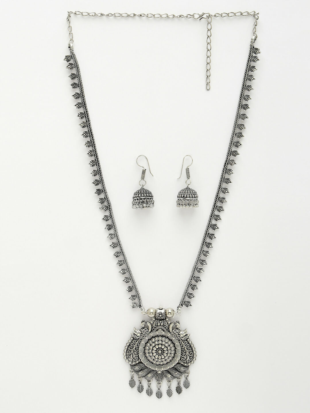 NVR Women's Silver-Toned Peacock Design Oxidized Necklace with Jhumka Earrings - Swadesiicart