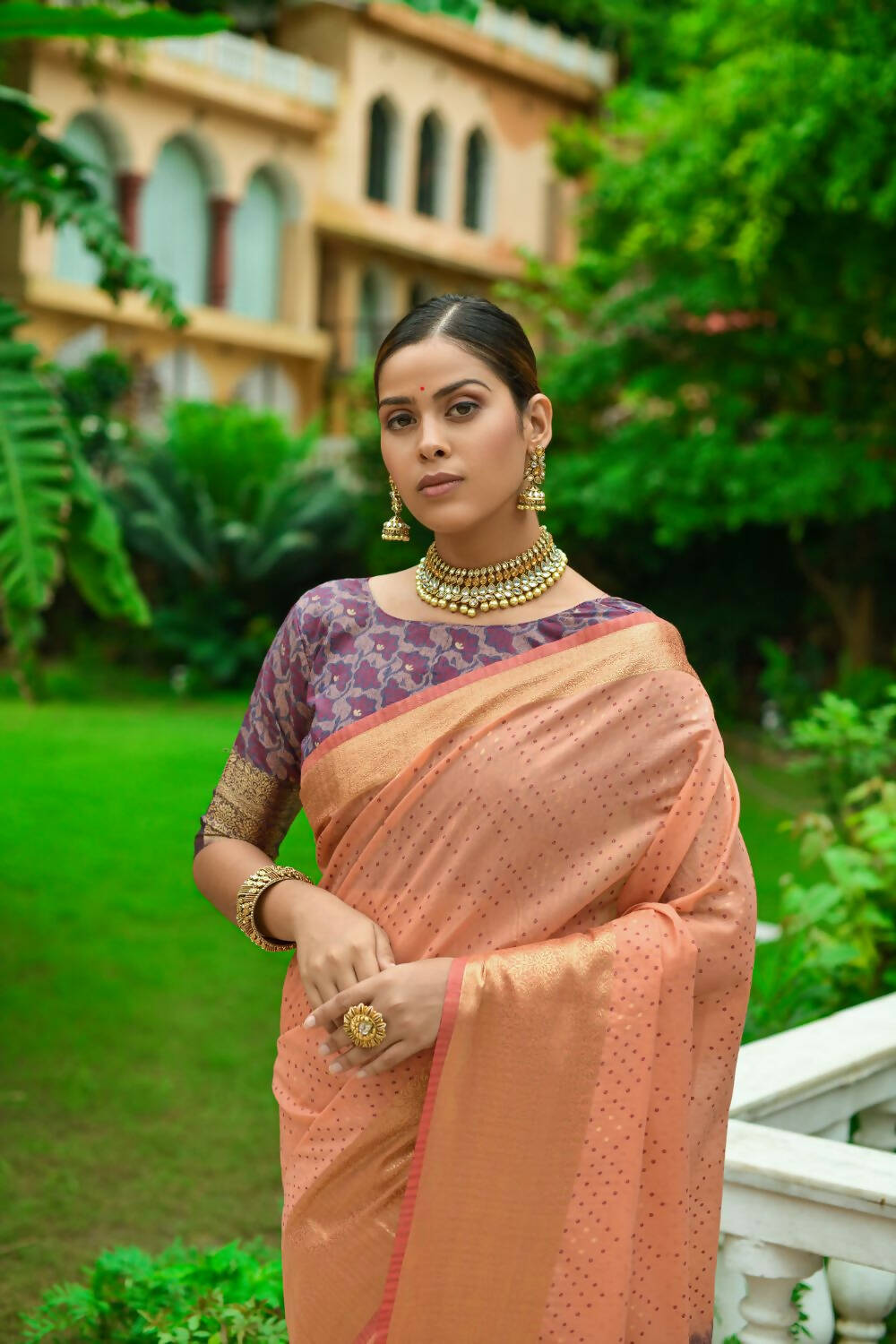 Vishnu Weaves Women's Orange Linen Cotton Bandhani Woven Saree with Blouse - Swadesiicart