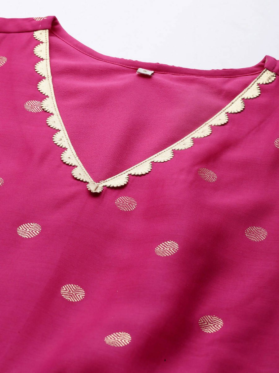 Ahalyaa Women's Pink Chanderi Gold Foil Print Dress | Swadesiicart