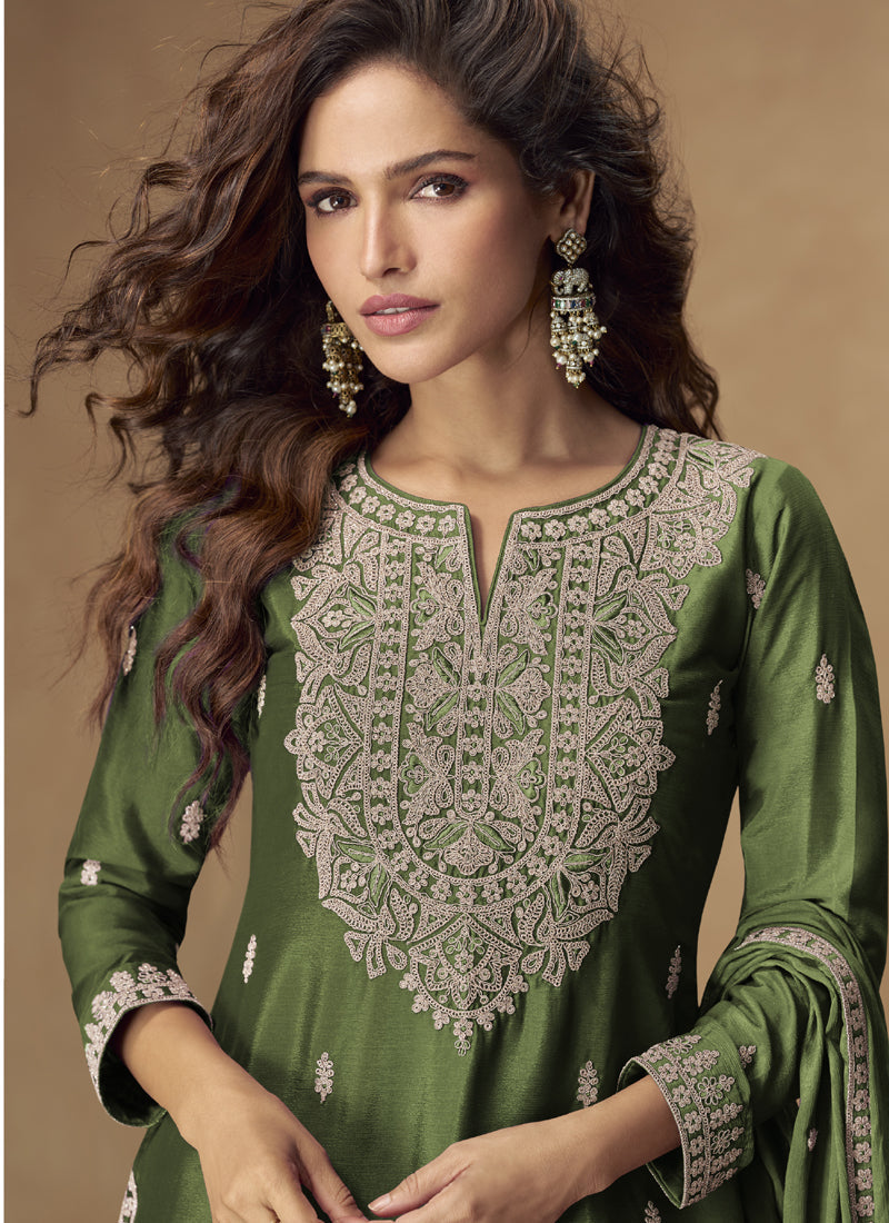 Vegaa Fashion Green Chinon Silk Embroidered Palazzo Suit - Swadesiicart