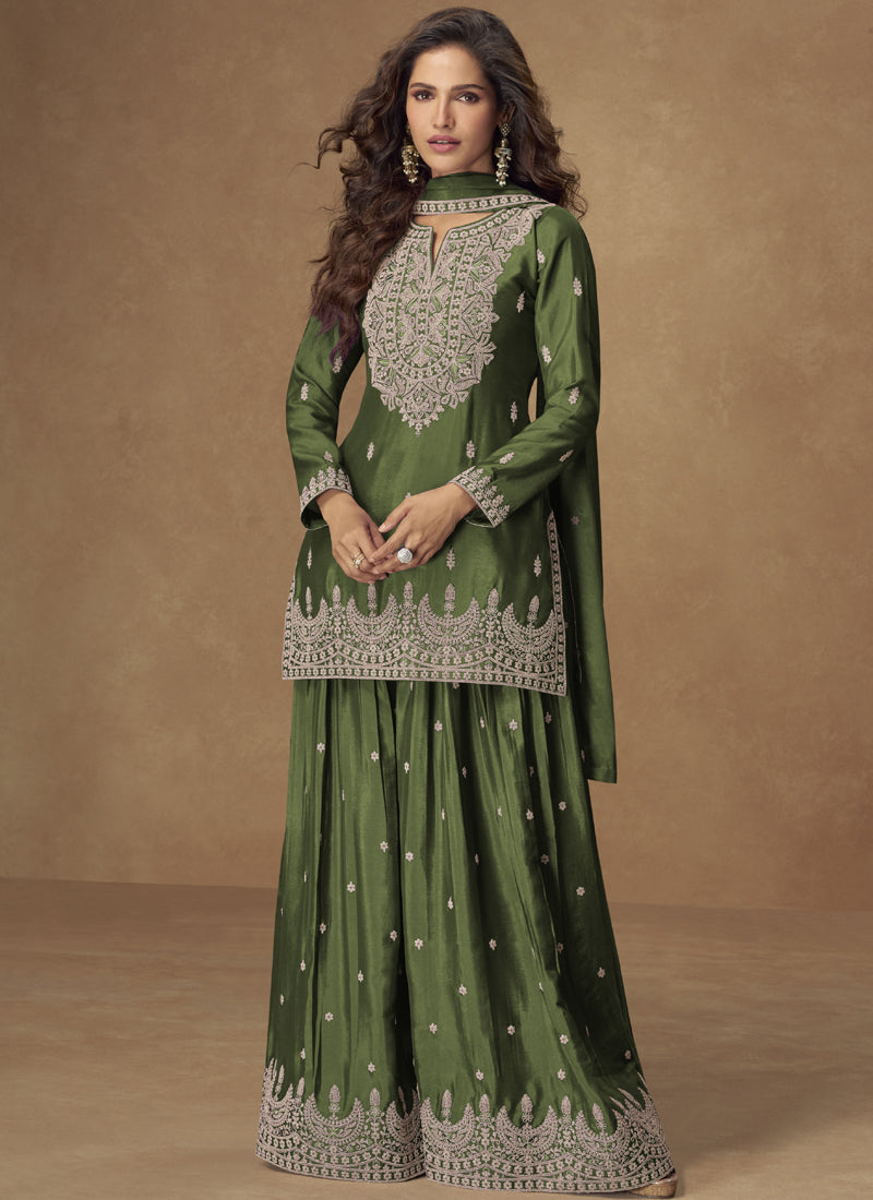 Vegaa Fashion Green Chinon Silk Embroidered Palazzo Suit - Swadesiicart