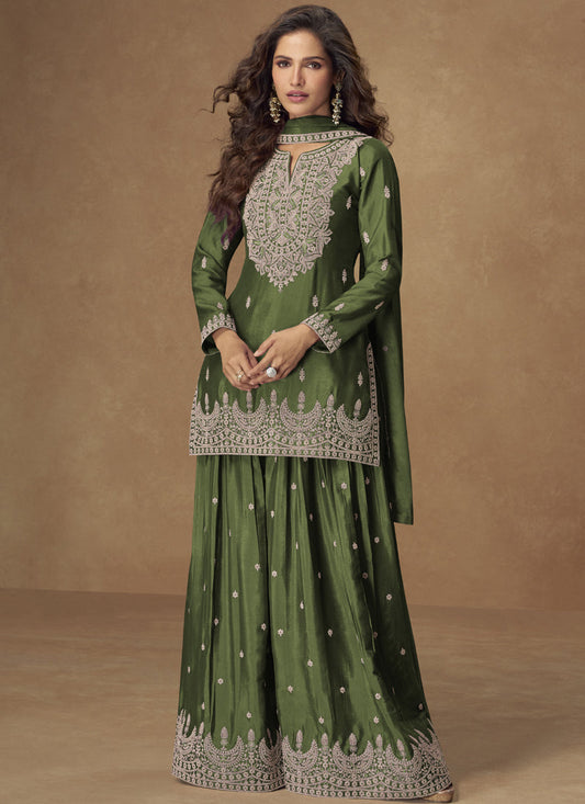 Vegaa Fashion Green Chinon Silk Embroidered Palazzo Suit - Swadesiicart