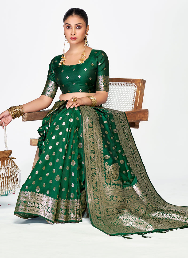 Vellora Emerald Green Banarasi Silk Saree with Antique Golden Zari | Swadesiicart