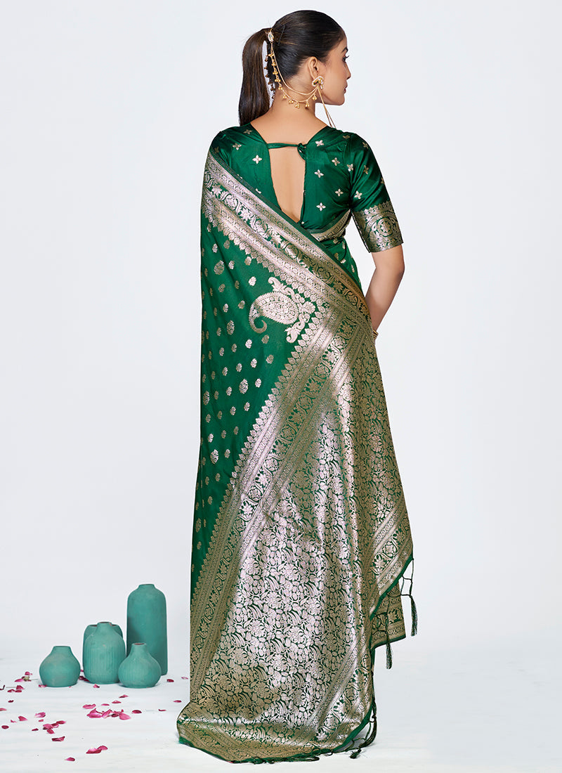 Vellora Emerald Green Banarasi Silk Saree with Antique Golden Zari | Swadesiicart