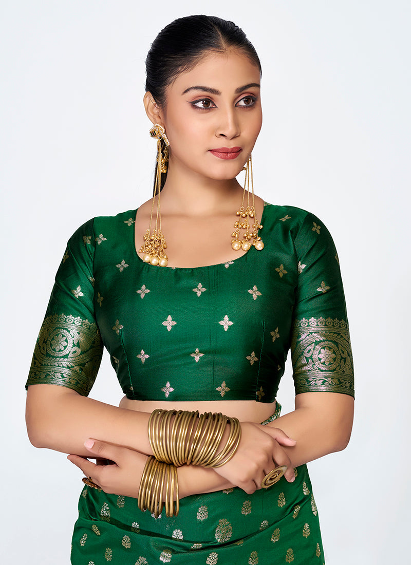 Vellora Emerald Green Banarasi Silk Saree with Antique Golden Zari | Swadesiicart