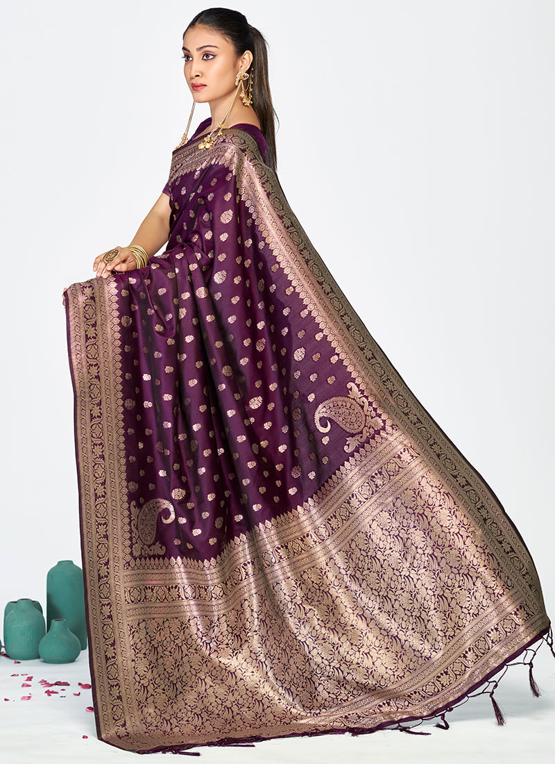 Vellora Wine Purple Zari Woven Banarasi Silk Saree | Swadesiicart