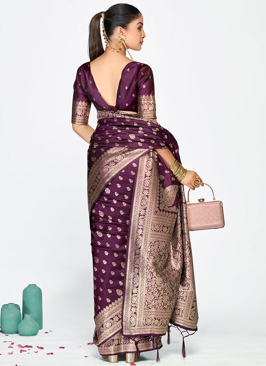 Vellora Wine Purple Zari Woven Banarasi Silk Saree | Swadesiicart