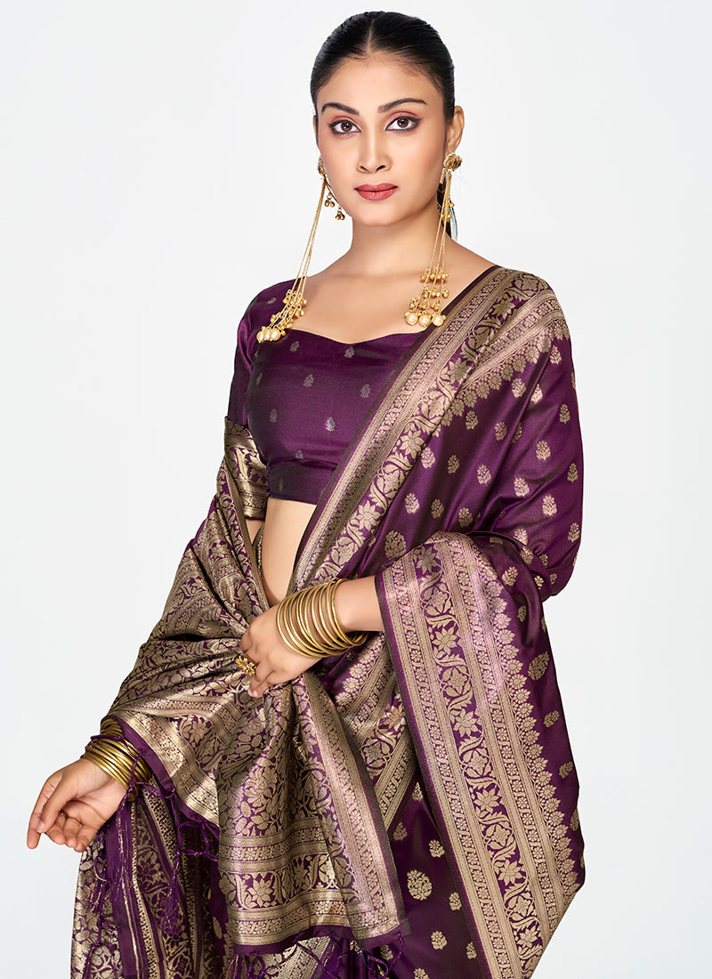 Vellora Wine Purple Zari Woven Banarasi Silk Saree | Swadesiicart