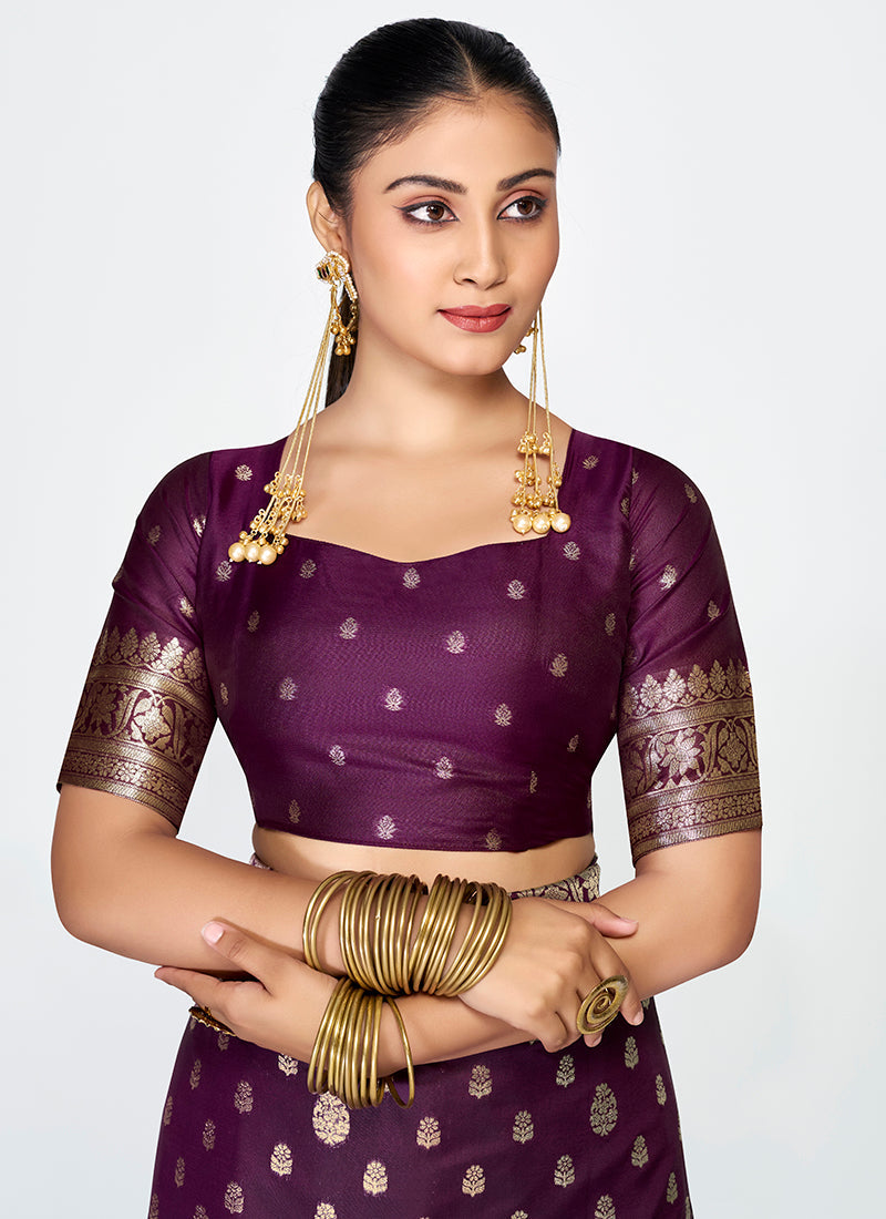 Vellora Wine Purple Zari Woven Banarasi Silk Saree | Swadesiicart