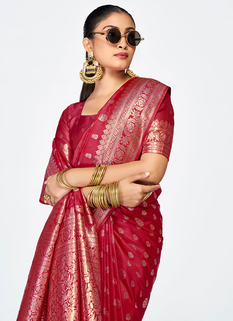 Vellora Maroon Banarasi Silk Saree with Rich Zari Detailing | Swadesiicart