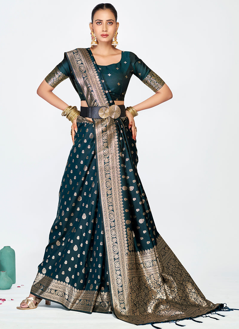 Vellora Navy Blue Premium Banarasi Silk Saree with Gold Zari | Swadesiicart