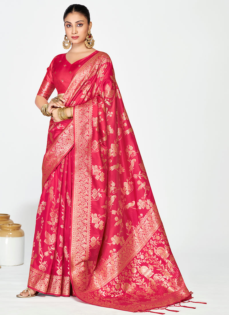 Vellora Rani Pink Banarasi Silk Saree with Golden Floral Zari | Swadesiicart