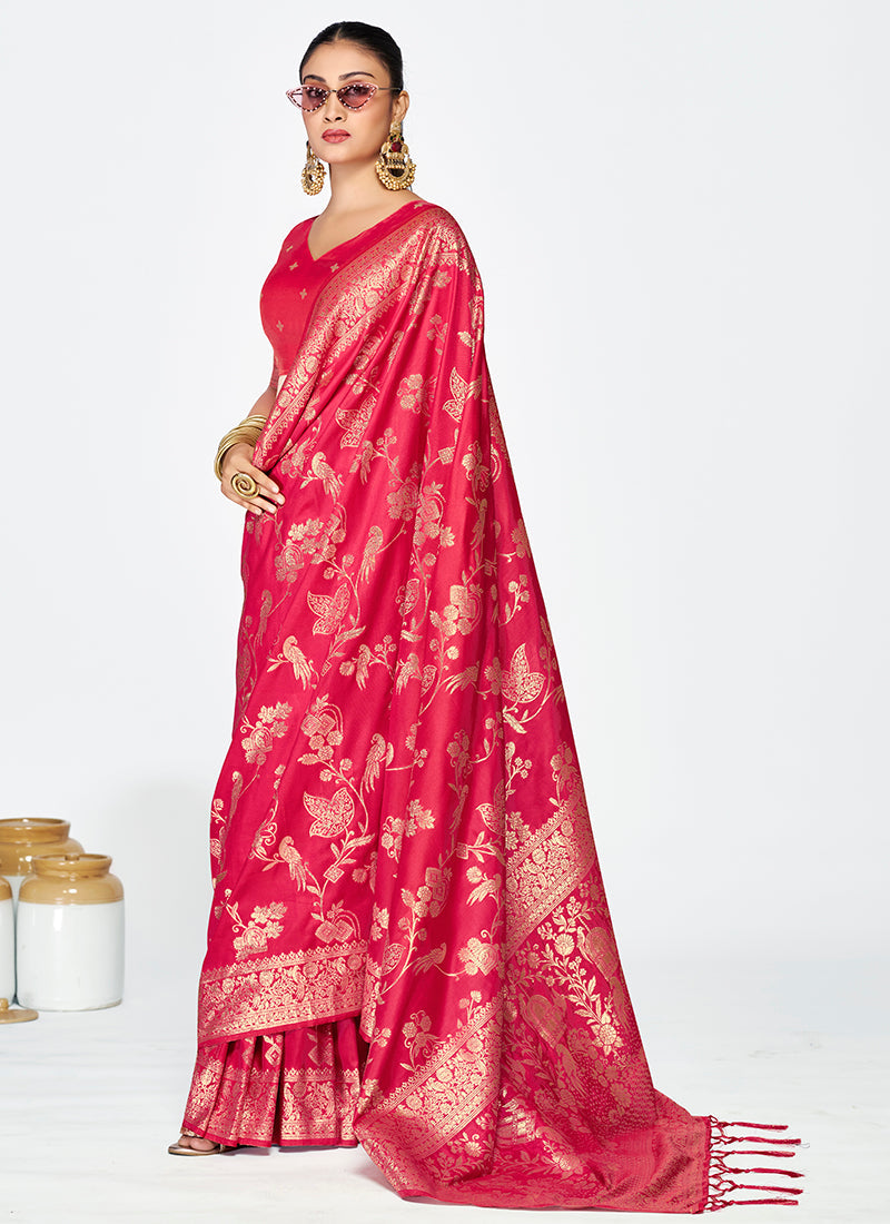 Vellora Rani Pink Banarasi Silk Saree with Golden Floral Zari | Swadesiicart
