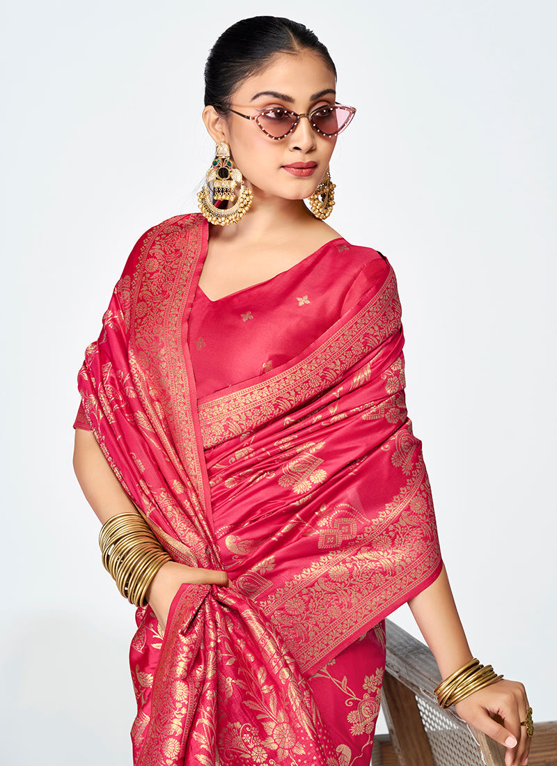 Vellora Rani Pink Banarasi Silk Saree with Golden Floral Zari | Swadesiicart