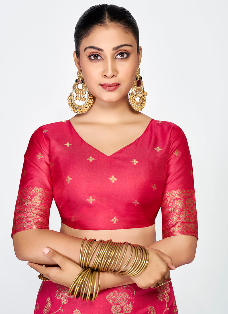 Vellora Rani Pink Banarasi Silk Saree with Golden Floral Zari | Swadesiicart
