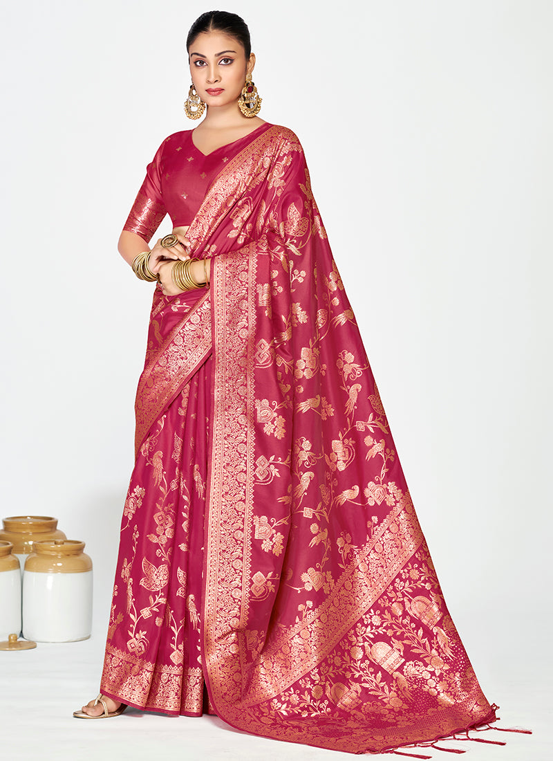 Vellora Rose Pink Banarasi Silk Saree with Antique Zari Border | Swadesiicart