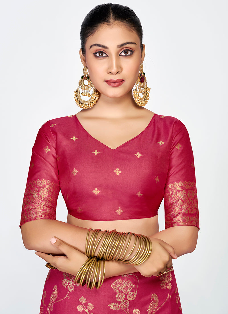 Vellora Rose Pink Banarasi Silk Saree with Antique Zari Border | Swadesiicart