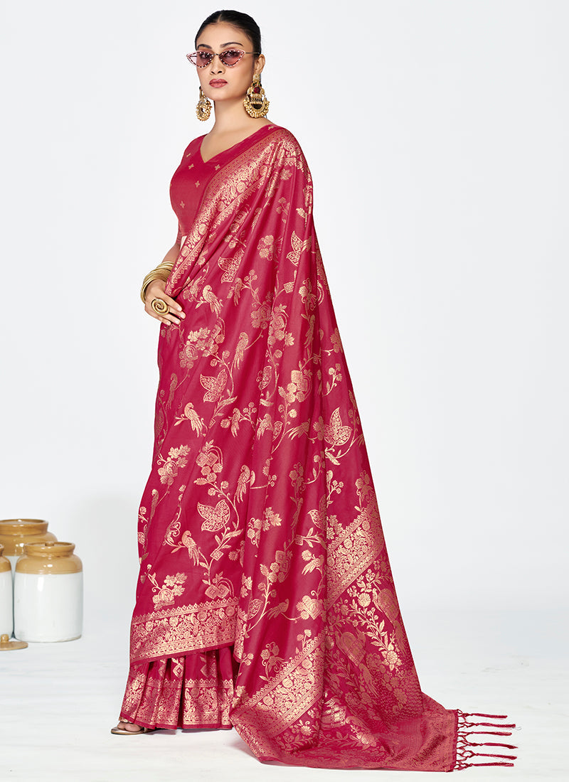 Vellora Rose Pink Banarasi Silk Saree with Antique Zari Border | Swadesiicart