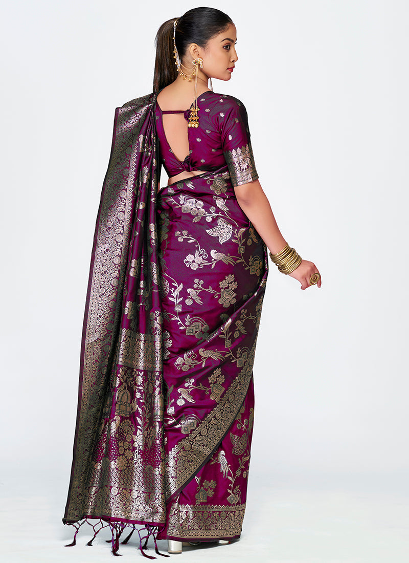 Vellora Wine Banarasi Silk Saree with Heavy Traditional Zari | Swadesiicart